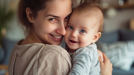 mother cuddling her baby with smile on their faces and adorable look on baby face