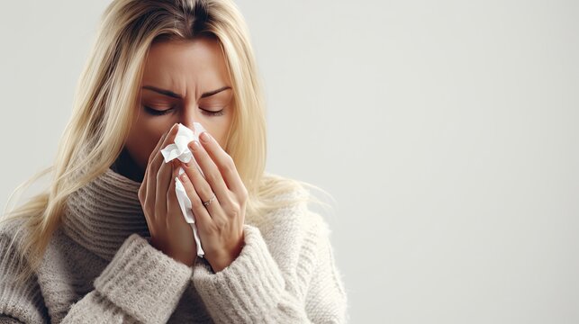 Woman blows her nose on isolated white background , winter cold cough and PM 2.5 air pollution concept, AI Generated.