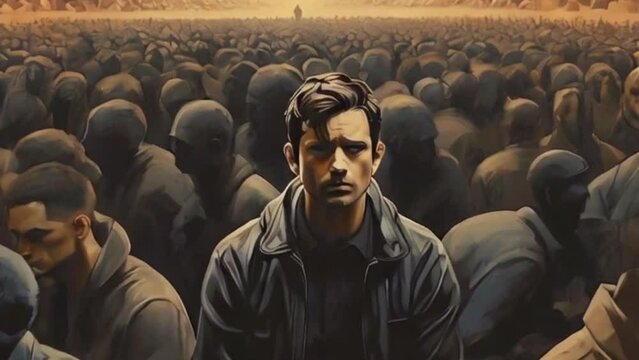  a marginalized, depressed, sad man lost in his thoughts and crowd of people, psychology concepts of alienation, exclusion, depression, sadness, mental health, overthinking