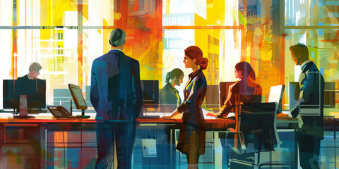 Graphic Illustration Of An Office With Workers And Computers For Wallpaper Created Using Artificial Intelligence