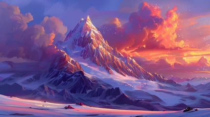  A painting depicts a snow-covered mountain range bathed in the beautiful red-orange glow of the sunset. © Pillow Productions