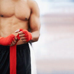 Man, hand and wrap for mma, protection and strength at fitness and workout studio with mockup....