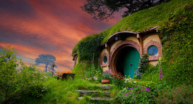 MATAMATA- NEW ZEALAND -NOVEMBER -2- 2022: Hobbiton - movie set created for filming the Lord of the Rings and "Hobbit" movies - Matamata, New Zealand,spring scene background