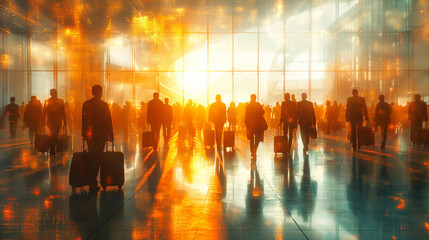 motion blur with business people, and travelers with suit cases strolling through a busy airport .