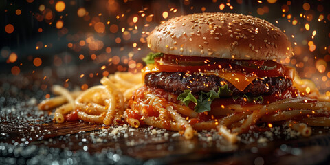 Spaghetti Burger als neueste Kreation für den Dinner als Foodaufnahme Nahaufnahme, ai generativ - obrazy, fototapety, plakaty
