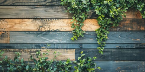 Fototapeta na wymiar Wooden Wall with Plants growing onto it in the Style of Textured Backgrounds - Nature Bent Wood Jagged Edges - Vibrant Lively Scattered Wood Composition Wallpaper created with Generative AI Technology