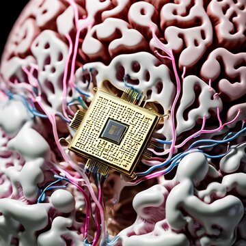 A close-up of a human brain with a small chip embedded in the frontal lobe image stock photo 