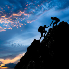  Silhouette of person climbing on the rock, mountain, helping, leadership, leading, goal, target, success, summit, hiking concept 
