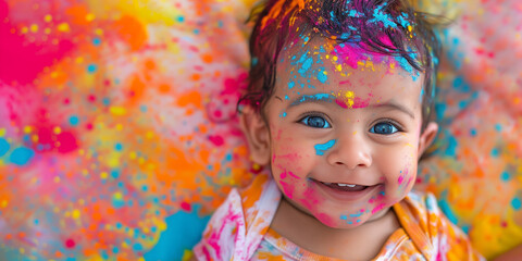 Banner with smiling indian baby girl with Holi color powder on face. Banner with copyspace. Holi color festival concept. Shallow depth of  field.
