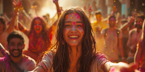 Banner with smiling indian people celebrating Holi holiday dancing and throwing color powder. Shallow depth of  field.