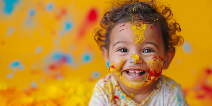 Banner with smiling indian baby with Holi color powder on face. Banner with copyspace. Holi color festival concept. Shallow depth of  field.