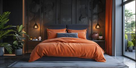Luxury elegant interior bedroom dark orange 