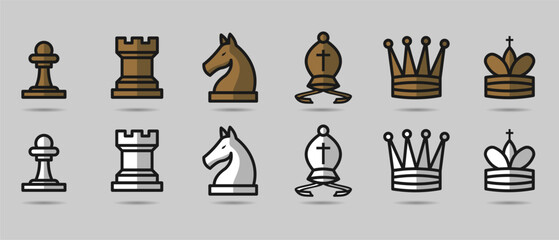 minimalist collection of chess piece design element for gaming app icon logo template vector illustration design. simple king, queen, rook, bishop, knight, pawn Pro Vector and Pro SVG