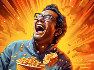 Expressive laughter of a Malaysian people amidst flying popcorn, captured with hyper-detailed realism against an orange background. urban scenes, comics, and caricatures. Generative AI technology