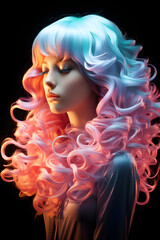 Cute Woman with Beautiful and Colorful Wavy Hair Isolated on Black Background - obrazy, fototapety, plakaty