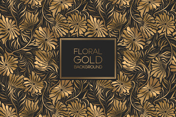 Vector floral illustration with abstract gold hand drawn flowers, leaves and branches pattern on black background. Elegant design template for print, invitation, brochure, card, wallpaper