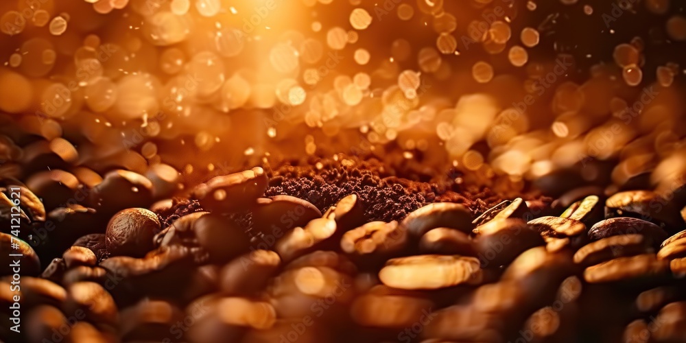 Poster Close-up of dark roasted coffee beans with sparkling golden light, creating a warm, inviting atmosphere.