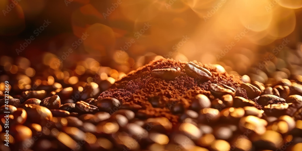 Poster close-up of dark roasted coffee beans with sparkling golden light, creating a warm, inviting atmosph