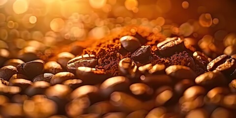 Close-up of dark roasted coffee beans with sparkling golden light, creating a warm, inviting atmosphere. - obrazy, fototapety, plakaty