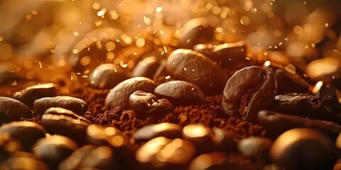 Close-up of dark roasted coffee beans with sparkling golden light, creating a warm, inviting...