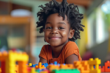 Small African-American child with dreadlocks smiles directly at camera while playing with a...