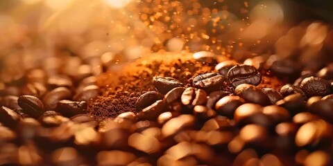 Close-up of dark roasted coffee beans with sparkling golden light, creating a warm, inviting atmosphere. - obrazy, fototapety, plakaty