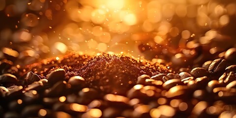 Close-up of dark roasted coffee beans with sparkling golden light, creating a warm, inviting...