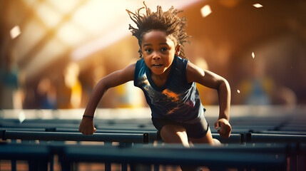 A little black boy jumping over a hurdle,
