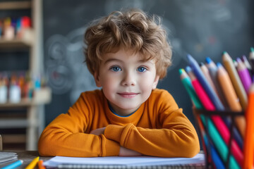Preschool education, a boy sits at a table with multi-colored pencils. The child is engaged in...