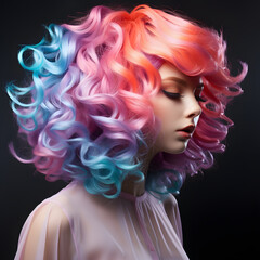 Cute and Beautiful Woman with Colorful Wavy Hair with Shiny Effect - obrazy, fototapety, plakaty