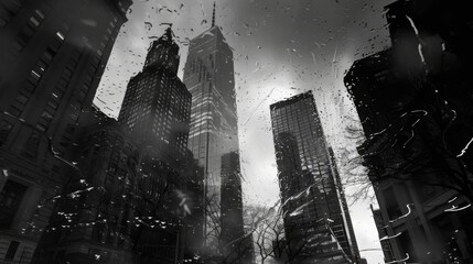 A monochromatic cityscape seen through a rain-drenched window, the skyscrapers' details obscured by the streaming water droplets. - obrazy, fototapety, plakaty