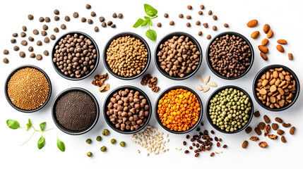 Pet food and natural ingredients on white background, generative ai