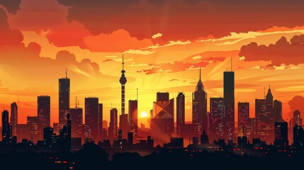 An urban skyline stands in stark silhouette against a vibrant sunset sky, filled with hues of orange and yellow, creating a striking contrast.