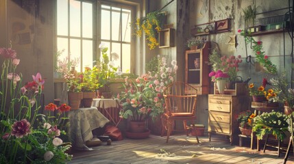 A room filled with lots of flowers next to a window - obrazy, fototapety, plakaty