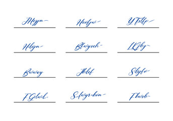 Handwritten fake signature collection. Lettering for business, signing of documents, certificates and contracts. Fictitious autograph set. Signature in blue pen color.  - obrazy, fototapety, plakaty