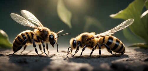 two bees are standing next to each other on the ground . High quality