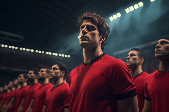 Team Unity: Soccer Players Standing Together Under Stadium Lights