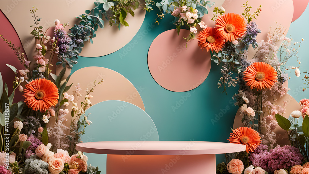 Poster close-up-view-of-a-podium-in-a-studio-for-display-mock-up-surrounded-by-a-dreamlike-collage