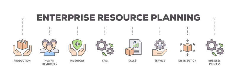 Enterprise resource planning icons process flow web banner illustration of production, human resources, inventory, crm, sales, service icon live stroke and easy to edit 