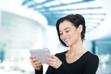 Business, smile and woman with tablet, office and digital app with creative and PR consultant....