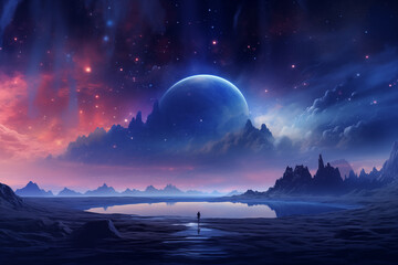 Mystical Night: A Lone Figure Amidst an Ethereal Cosmic Landscape