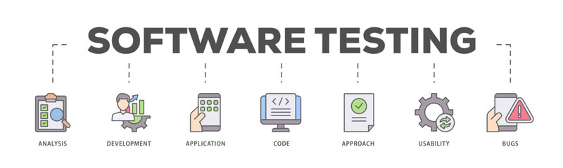 Software testing icons process flow web banner illustration of bugs, code, usability, approach, application, development, analysis icon live stroke and easy to edit 
