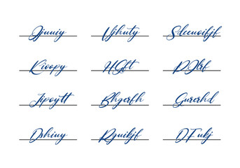 Fictitious autograph set. Lettering for business, signing of documents, certificates and contracts. Signature in blue pen color. Handwritten fake signature collection.  - obrazy, fototapety, plakaty