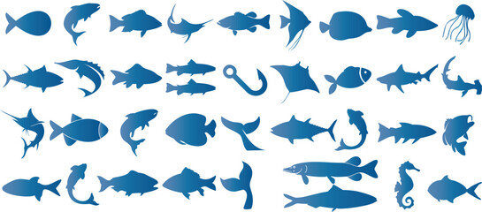fish silhouette, Blue silhouettes of diverse marine species, including fish, seahorse, jellyfish. Perfect for aquatic, underwater wildlife, and educational content. Vector design illustration.