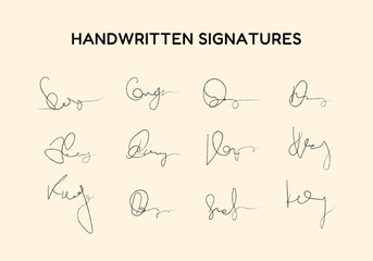 Signature in black pen color. Handwritten fake signature collection. Lettering for business, signing of documents, certificates and contracts. Fictitious autograph set.  - obrazy, fototapety, plakaty