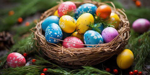 Fototapeta na wymiar Colorful Easter eggs in Basket happy Easter. Festive Easter Celebration
