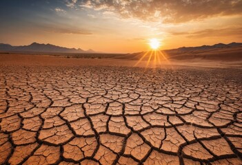 Desert with cracked ground at sunset