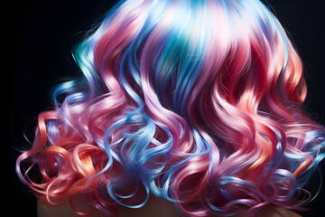 Colorful Women's Wig Isolated on Black Background - obrazy, fototapety, plakaty