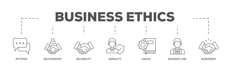 Business ethics icons process flow web banner illustration of attitude, relationship, reliability, morality, choice, business law and agreement icon live stroke and easy to edit 