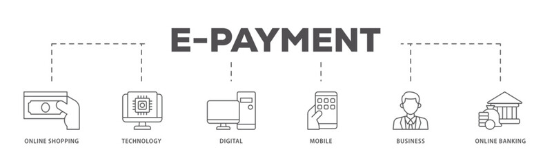E Payment icons process flow web banner illustration of online shopping, technology, digital, mobile, business and online banking icon live stroke and easy to edit 